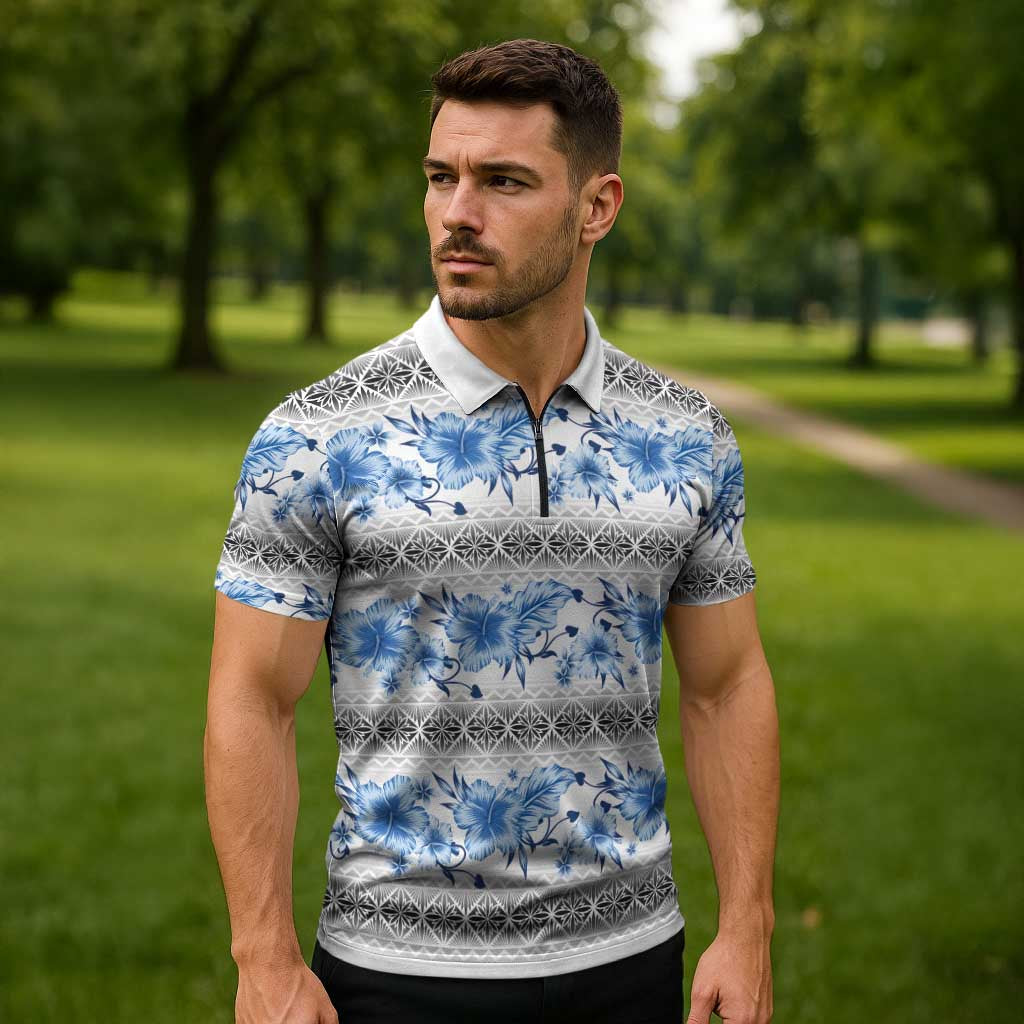 Samoa White Sunday Zipper Polo Shirt Samoan Tapa Blue Hibiscus - Polynesian Pride