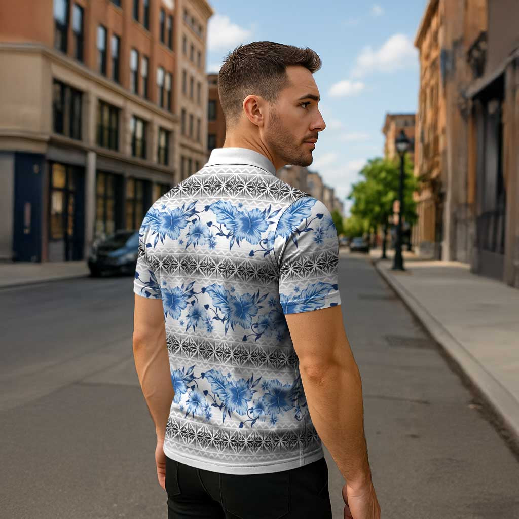Samoa White Sunday Zipper Polo Shirt Samoan Tapa Blue Hibiscus LT05 - Polynesian Pride
