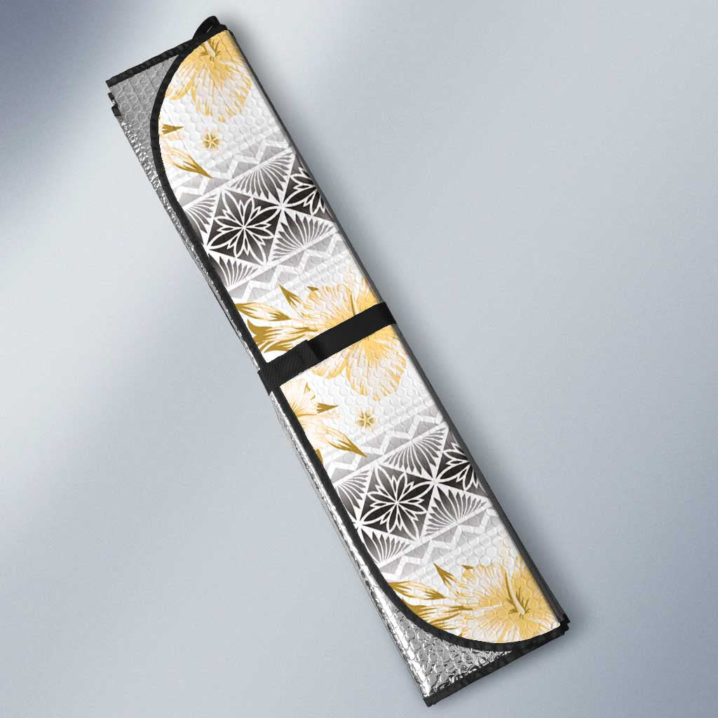 Samoa White Sunday Auto Sun Shade Samoan Tapa Yellow Hibiscus - Polynesian Pride