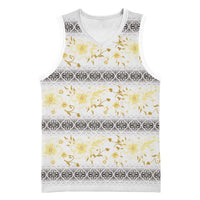 Samoa White Sunday Basketball Jersey Samoan Tapa Yellow Hibiscus - Polynesian Pride