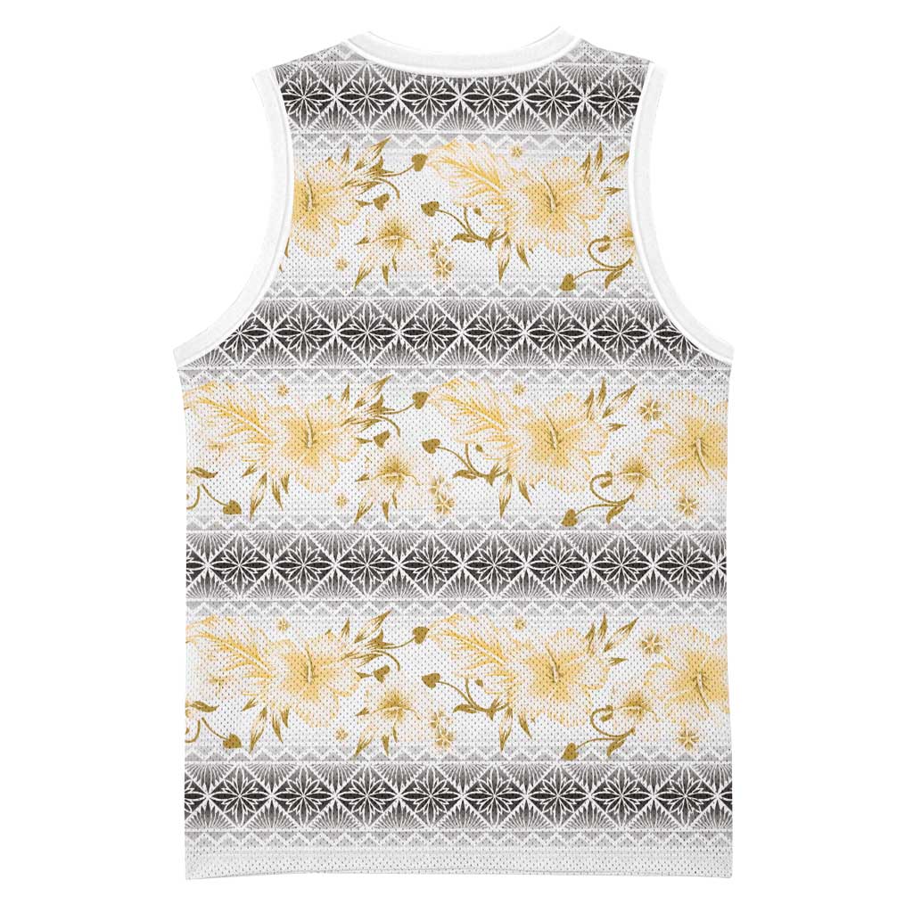 Samoa White Sunday Basketball Jersey Samoan Tapa Yellow Hibiscus - Polynesian Pride
