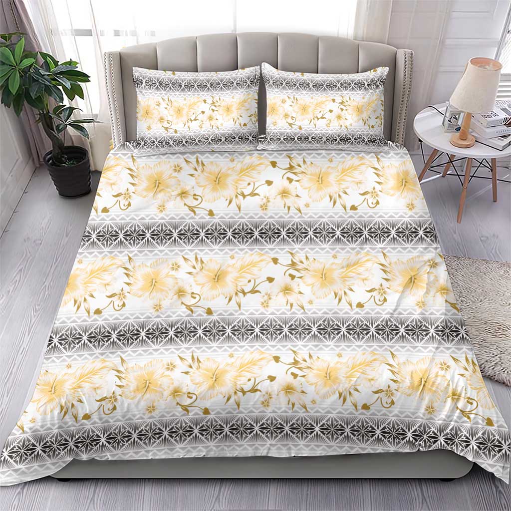 Samoa White Sunday Bedding Set Samoan Tapa Yellow Hibiscus - Polynesian Pride