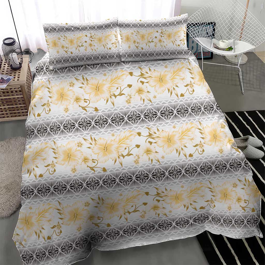 Samoa White Sunday Bedding Set Samoan Tapa Yellow Hibiscus - Polynesian Pride