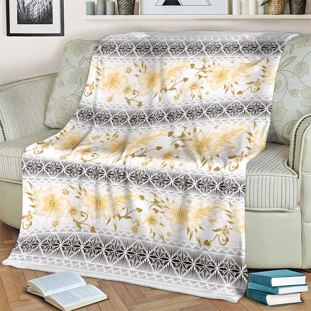 Samoa White Sunday Blanket Samoan Tapa Yellow Hibiscus - Polynesian Pride