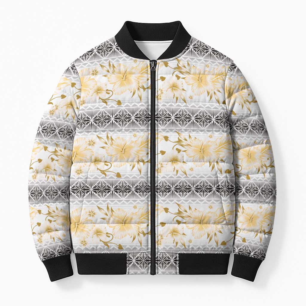 Samoa White Sunday Bomber Puffer Jacket Samoan Tapa Yellow Hibiscus LT05 Unisex Yellow - Polynesian Pride
