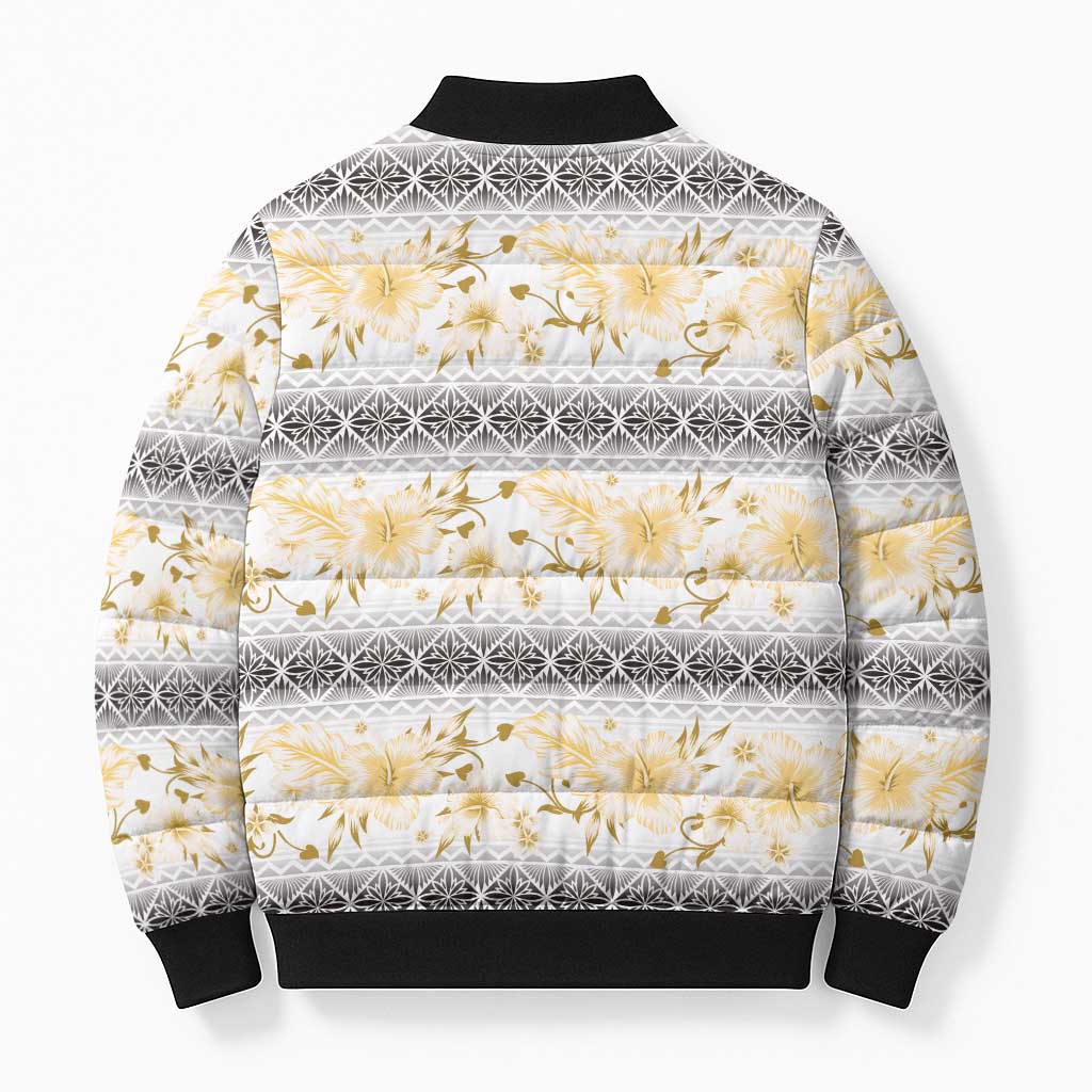 Samoa White Sunday Bomber Puffer Jacket Samoan Tapa Yellow Hibiscus LT05 - Polynesian Pride