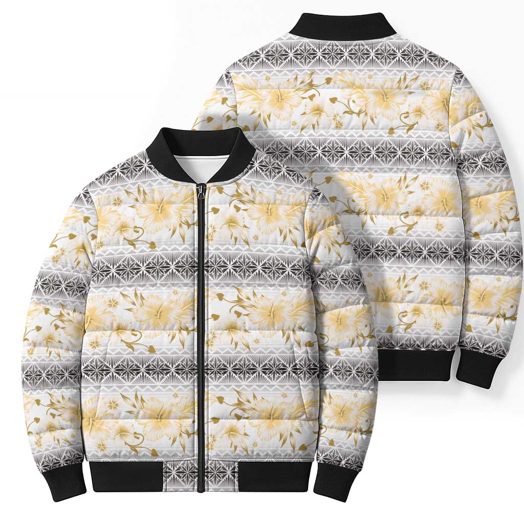 Samoa White Sunday Bomber Puffer Jacket Samoan Tapa Yellow Hibiscus LT05 - Polynesian Pride
