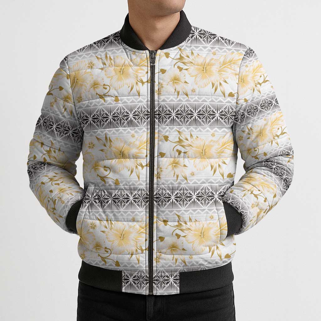 Samoa White Sunday Bomber Puffer Jacket Samoan Tapa Yellow Hibiscus LT05 - Polynesian Pride