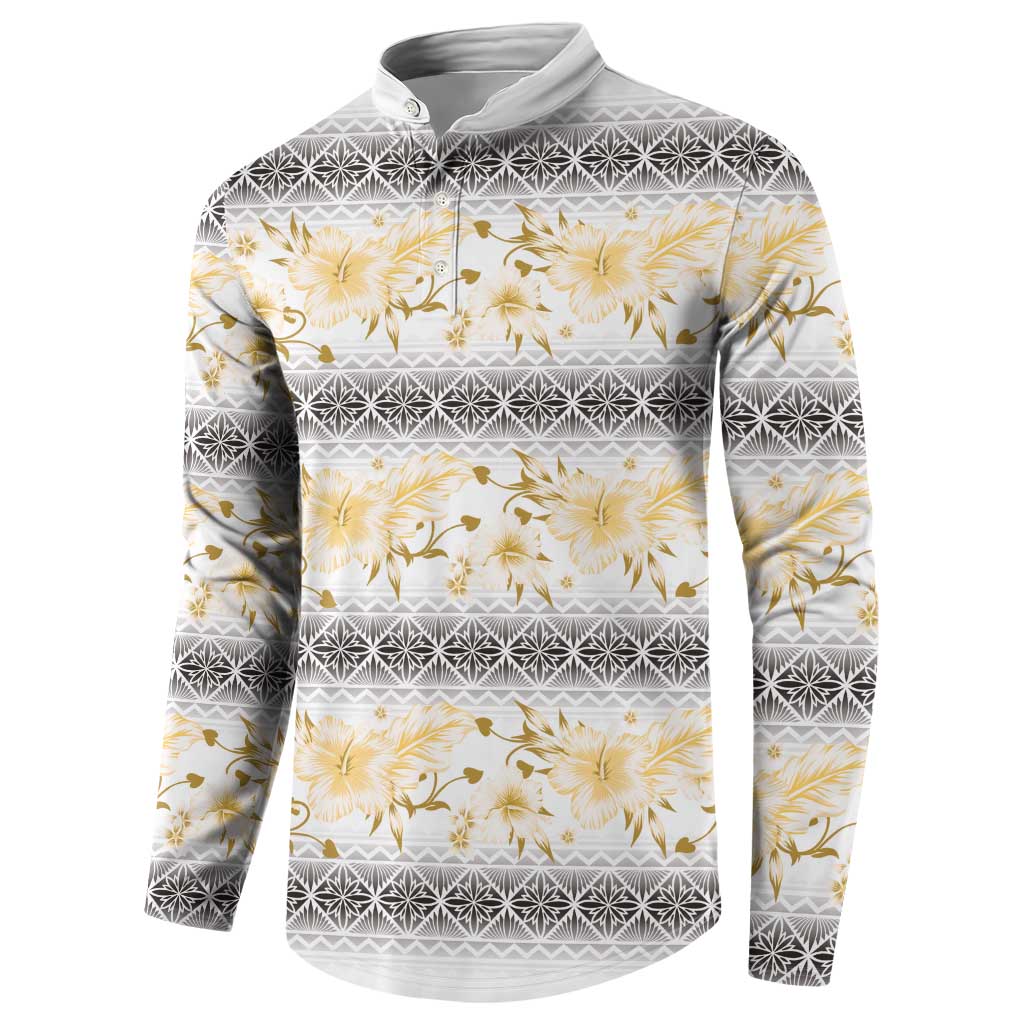 Samoa White Sunday Button Sweatshirt Samoan Tapa Yellow Hibiscus - Polynesian Pride