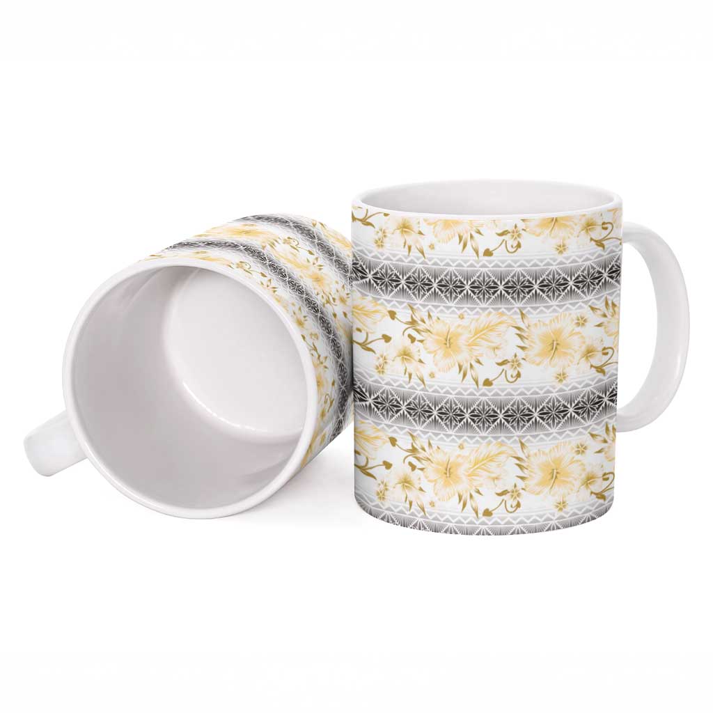 Samoa White Sunday Ceramic Mug Samoan Tapa Yellow Hibiscus - Polynesian Pride
