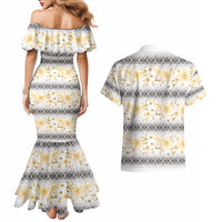 Samoa White Sunday Couples Matching Mermaid Dress and Hawaiian Shirt Samoan Tapa Yellow Hibiscus - Polynesian Pride