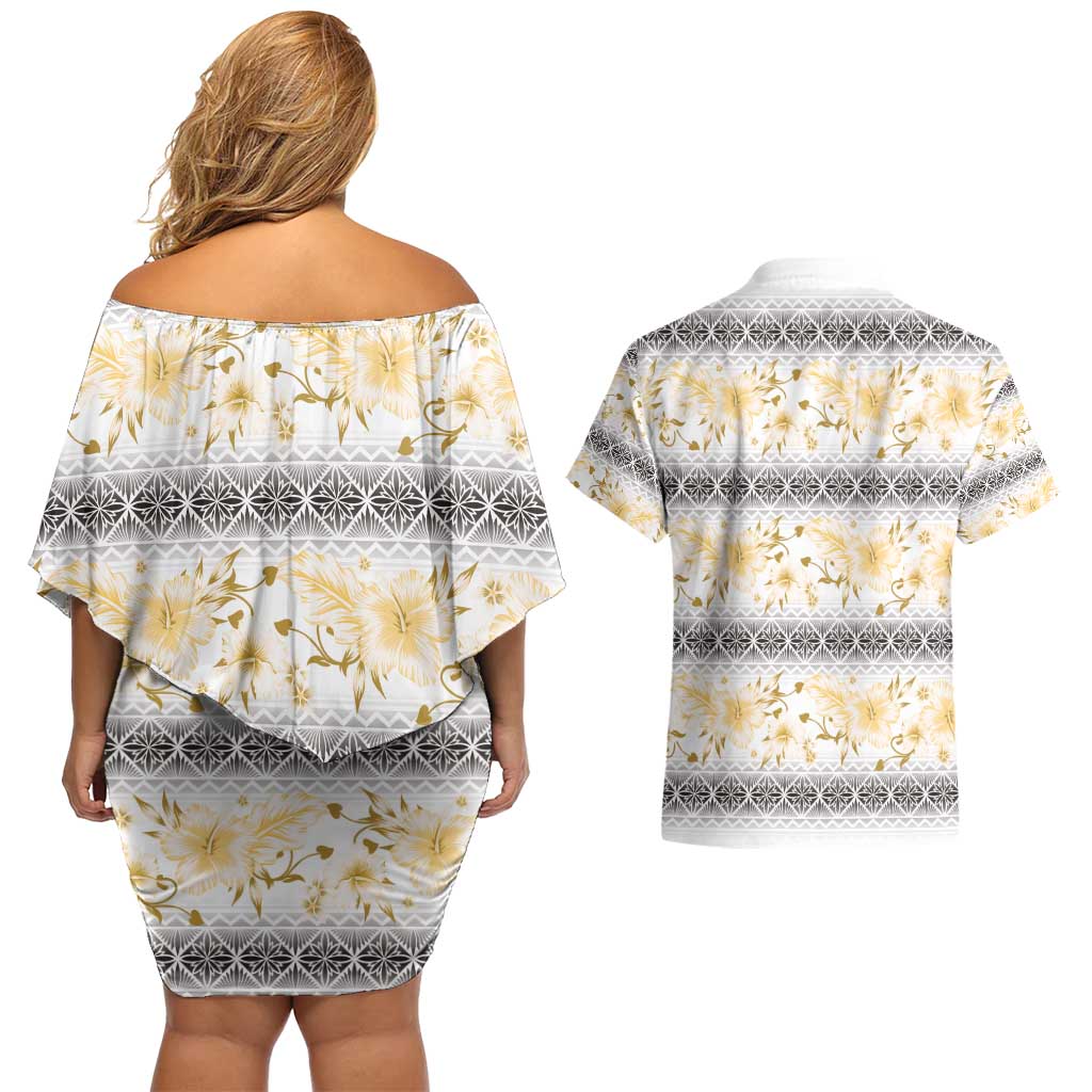 Samoa White Sunday Couples Matching Off Shoulder Short Dress and Hawaiian Shirt Samoan Tapa Yellow Hibiscus - Polynesian Pride