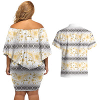 Samoa White Sunday Couples Matching Off Shoulder Short Dress and Hawaiian Shirt Samoan Tapa Yellow Hibiscus - Polynesian Pride