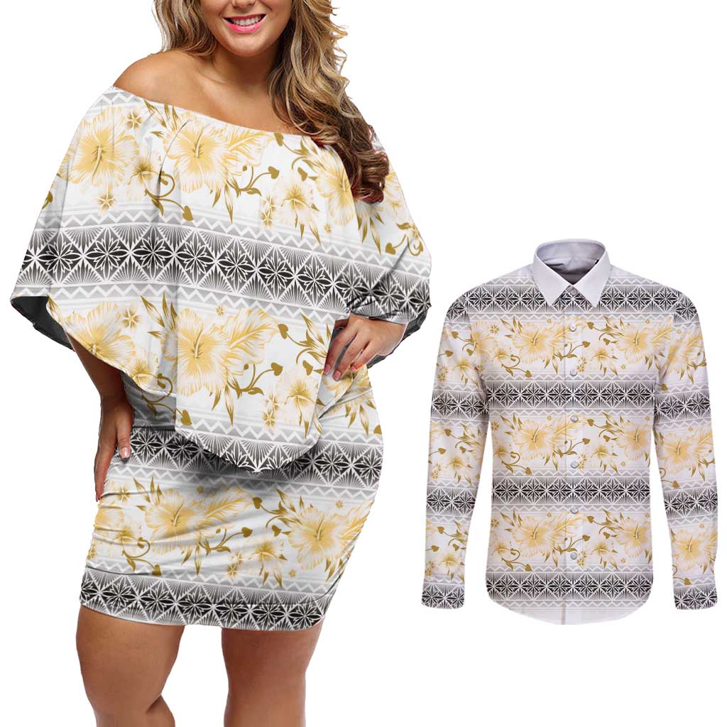 Samoa White Sunday Couples Matching Off Shoulder Short Dress and Long Sleeve Button Shirt Samoan Tapa Yellow Hibiscus - Polynesian Pride