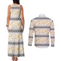 Samoa White Sunday Couples Matching Tank Maxi Dress and Long Sleeve Button Shirt Samoan Tapa Yellow Hibiscus - Polynesian Pride