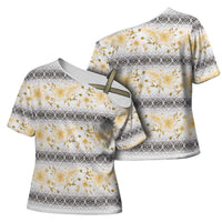Samoa White Sunday Cross Shoulder Shirt Samoan Tapa Yellow Hibiscus - Polynesian Pride