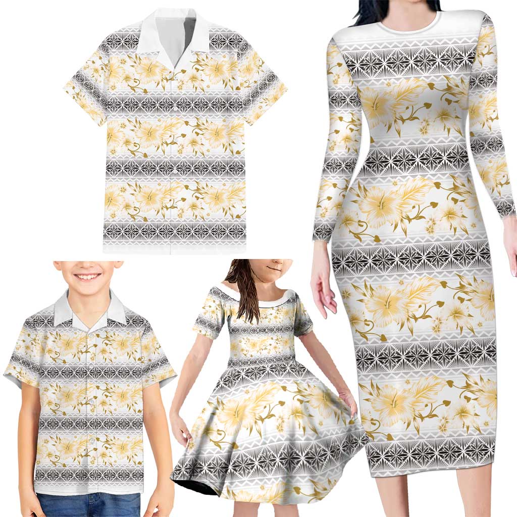 Samoa White Sunday Family Matching Long Sleeve Bodycon Dress and Hawaiian Shirt Samoan Tapa Yellow Hibiscus - Polynesian Pride