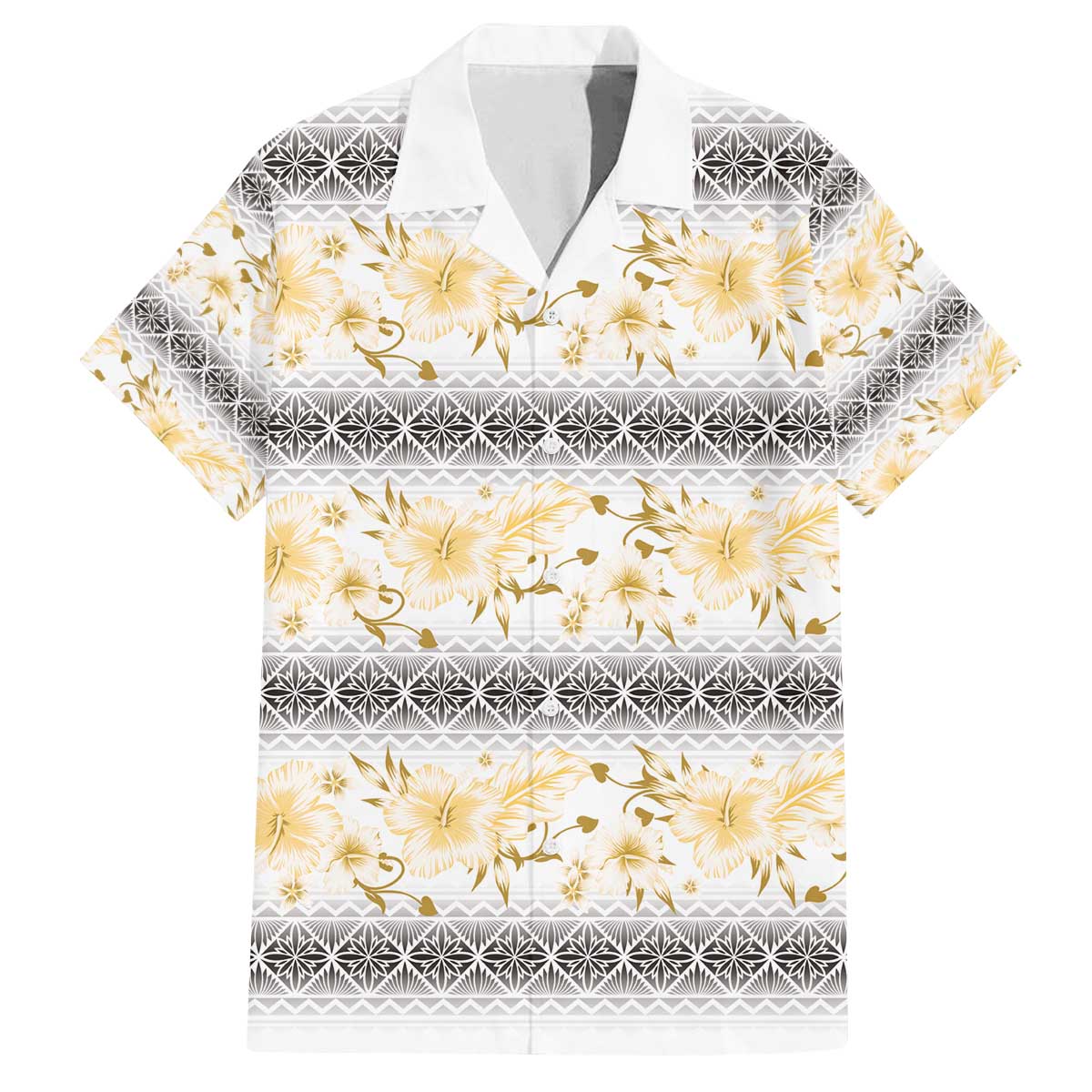 Samoa White Sunday Family Matching Off The Shoulder Long Sleeve Dress and Hawaiian Shirt Samoan Tapa Yellow Hibiscus - Polynesian Pride