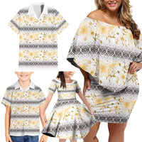 Samoa White Sunday Family Matching Off Shoulder Short Dress and Hawaiian Shirt Samoan Tapa Yellow Hibiscus - Polynesian Pride