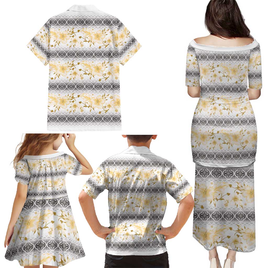 Samoa White Sunday Family Matching Puletasi and Hawaiian Shirt Samoan Tapa Yellow Hibiscus - Polynesian Pride