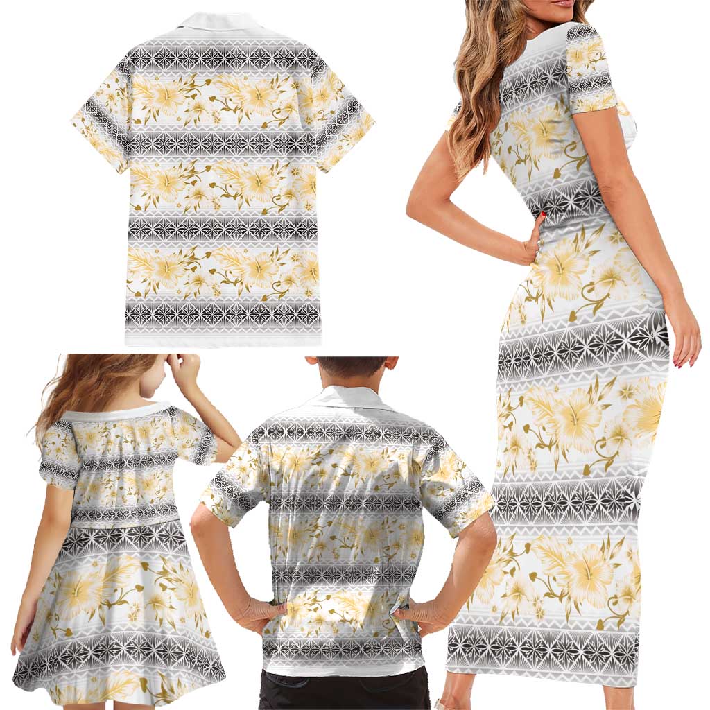 Samoa White Sunday Family Matching Short Sleeve Bodycon Dress and Hawaiian Shirt Samoan Tapa Yellow Hibiscus - Polynesian Pride