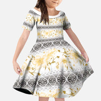 Samoa White Sunday Family Matching Summer Maxi Dress and Hawaiian Shirt Samoan Tapa Yellow Hibiscus - Polynesian Pride