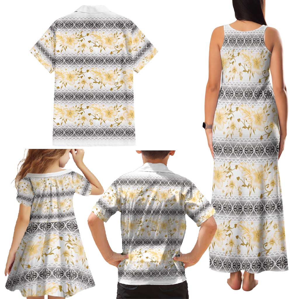 Samoa White Sunday Family Matching Tank Maxi Dress and Hawaiian Shirt Samoan Tapa Yellow Hibiscus - Polynesian Pride