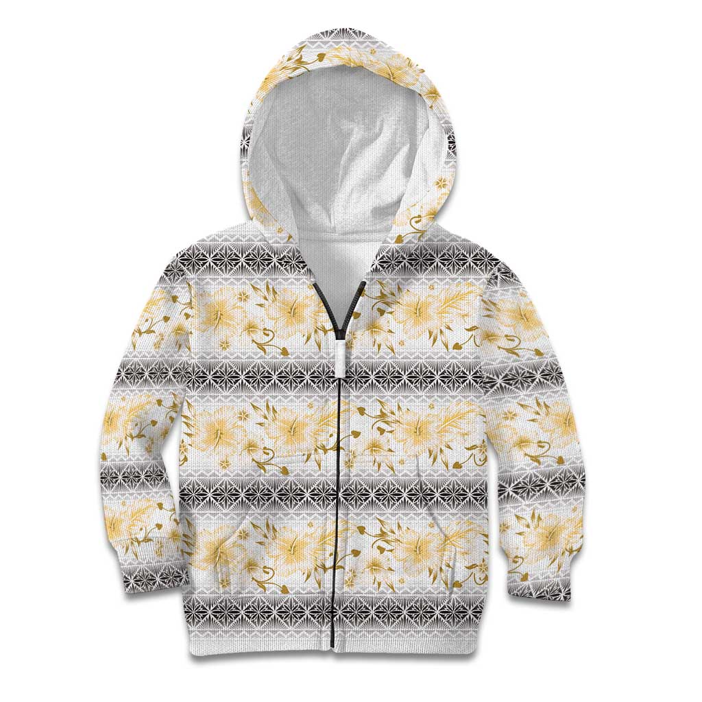 Samoa White Sunday Kid Hoodie Samoan Tapa Yellow Hibiscus - Polynesian Pride