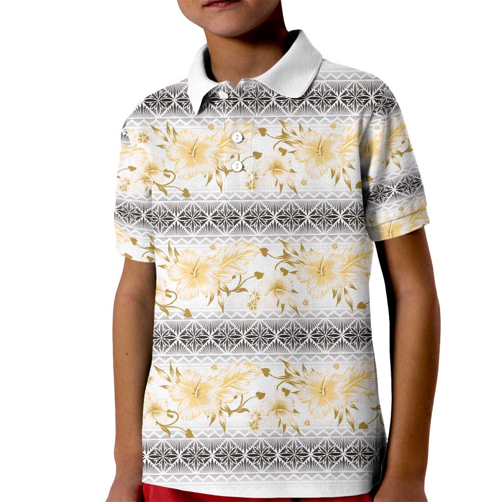 Samoa White Sunday Kid Polo Shirt Samoan Tapa Yellow Hibiscus - Polynesian Pride