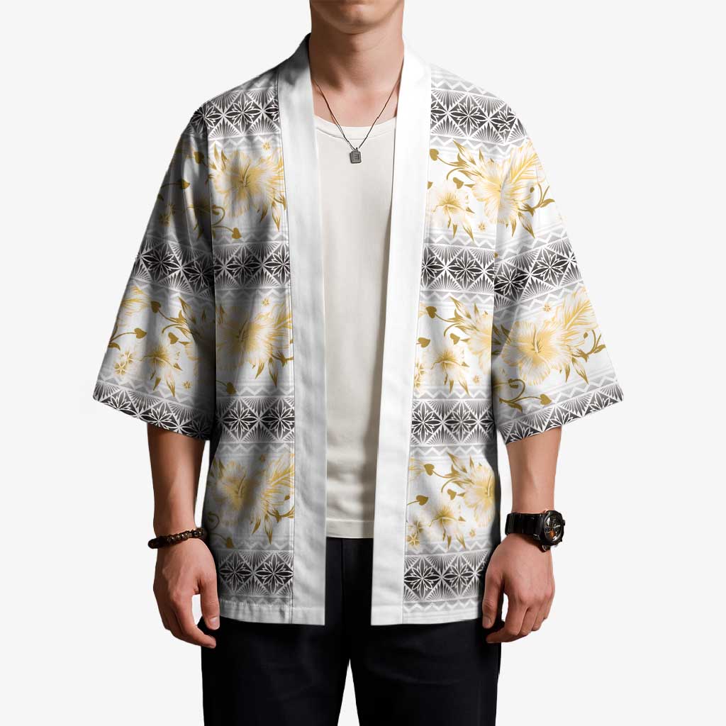 Samoa White Sunday Kimono Samoan Tapa Yellow Hibiscus - Polynesian Pride