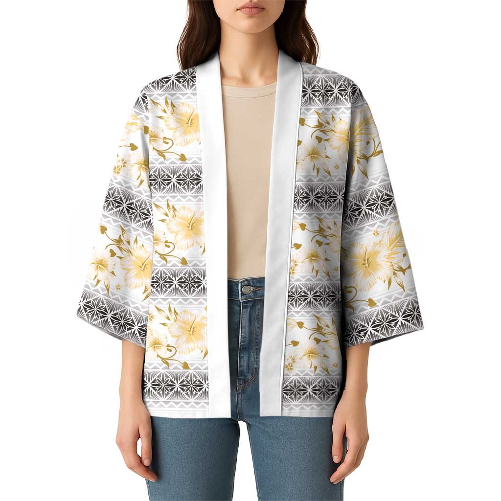 Samoa White Sunday Kimono Samoan Tapa Yellow Hibiscus - Polynesian Pride