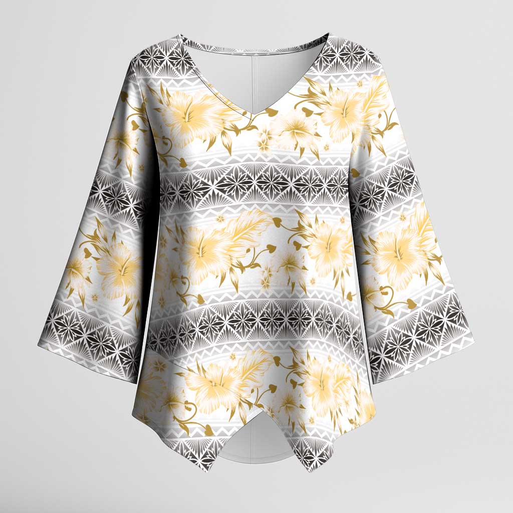 Samoa White Sunday Kimono Sleeve Blouse Samoan Tapa Yellow Hibiscus - Polynesian Pride