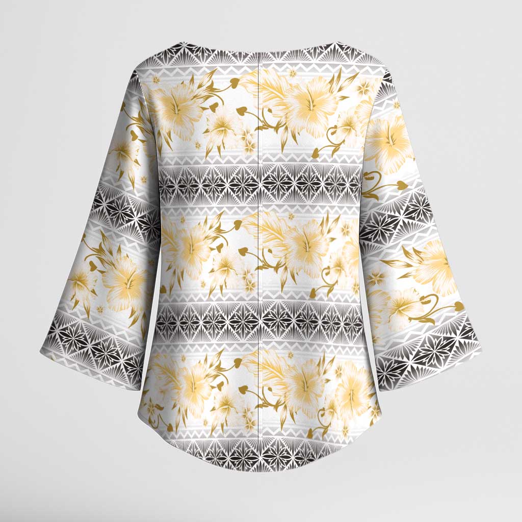 Samoa White Sunday Kimono Sleeve Blouse Samoan Tapa Yellow Hibiscus - Polynesian Pride