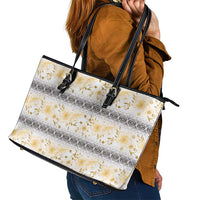 Samoa White Sunday Leather Tote Bag Samoan Tapa Yellow Hibiscus - Polynesian Pride