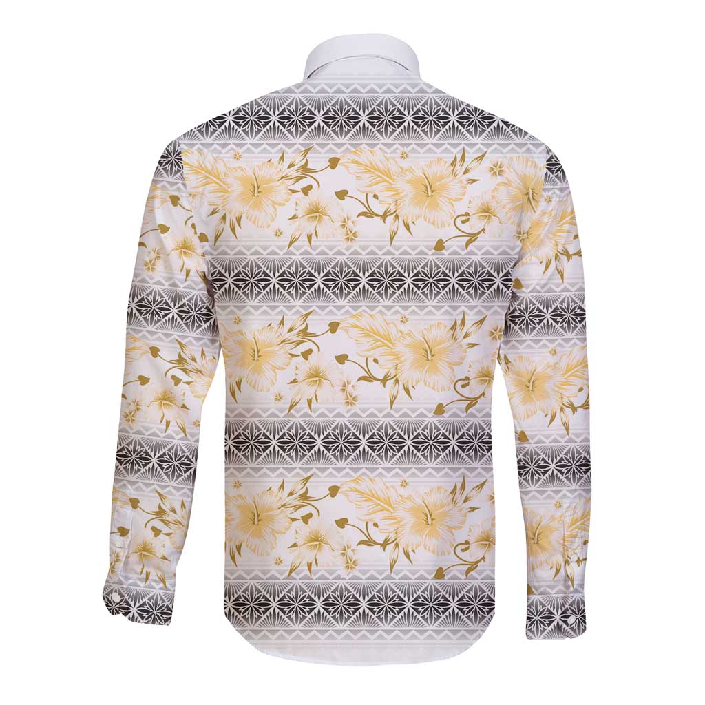 Samoa White Sunday Long Sleeve Button Shirt Samoan Tapa Yellow Hibiscus - Polynesian Pride