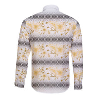 Samoa White Sunday Long Sleeve Button Shirt Samoan Tapa Yellow Hibiscus - Polynesian Pride