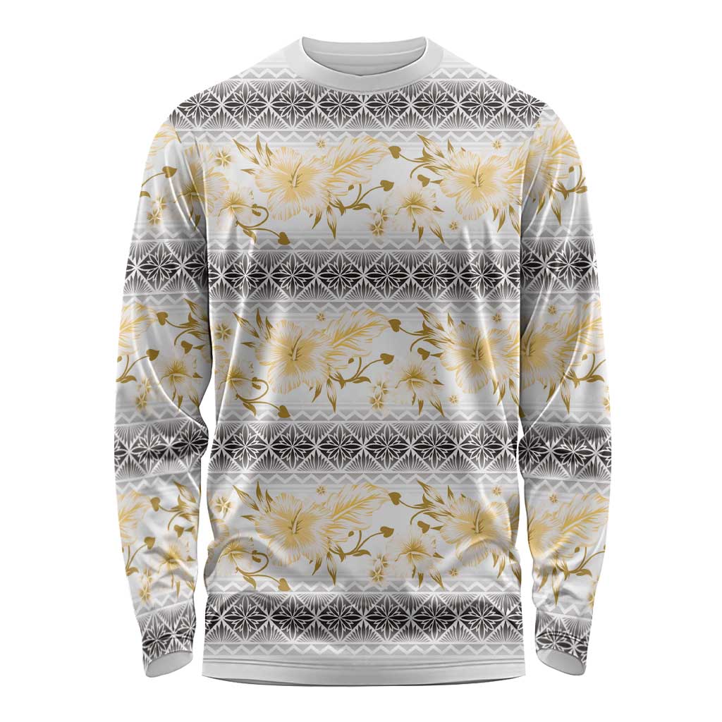Samoa White Sunday Long Sleeve Shirt Samoan Tapa Yellow Hibiscus - Polynesian Pride