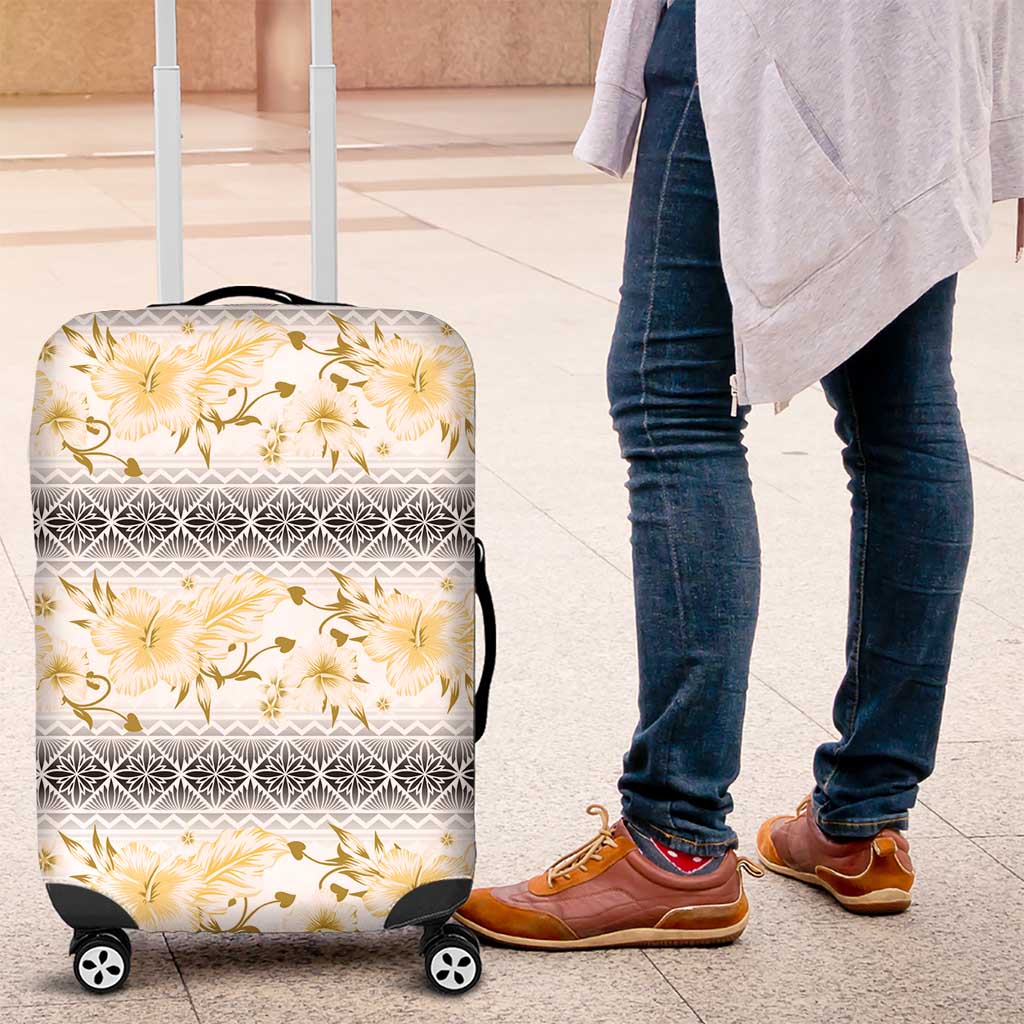 Samoa White Sunday Luggage Cover Samoan Tapa Yellow Hibiscus - Polynesian Pride