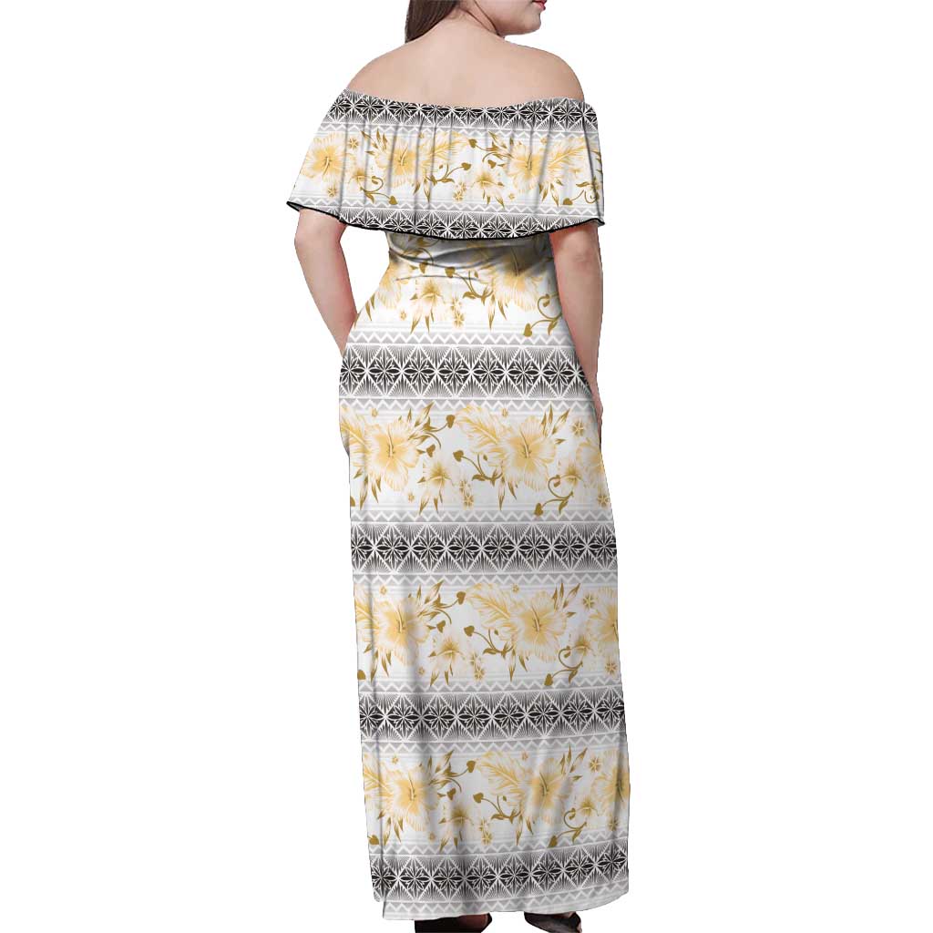 Samoa White Sunday Off Shoulder Maxi Dress Samoan Tapa Yellow Hibiscus - Polynesian Pride