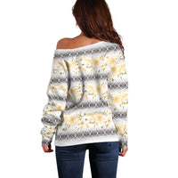 Samoa White Sunday Off Shoulder Sweater Samoan Tapa Yellow Hibiscus - Polynesian Pride