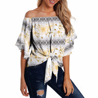 Samoa White Sunday Off Shoulder Wrap Waist Top Samoan Tapa Yellow Hibiscus LT05 - Polynesian Pride