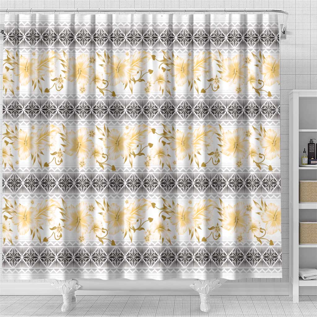 Samoa White Sunday Shower Curtain Samoan Tapa Yellow Hibiscus - Polynesian Pride