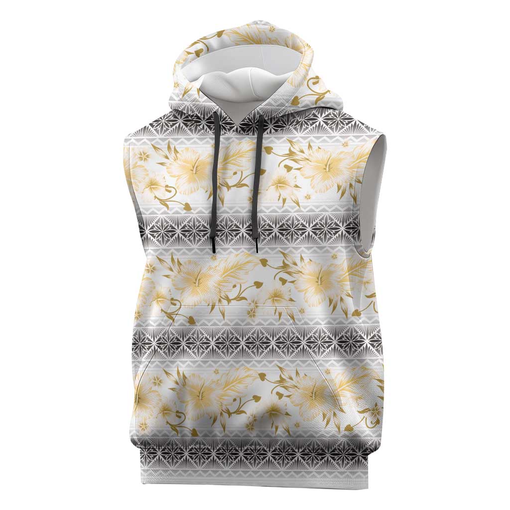 Samoa White Sunday Sleeveless Hoodie Samoan Tapa Yellow Hibiscus - Polynesian Pride