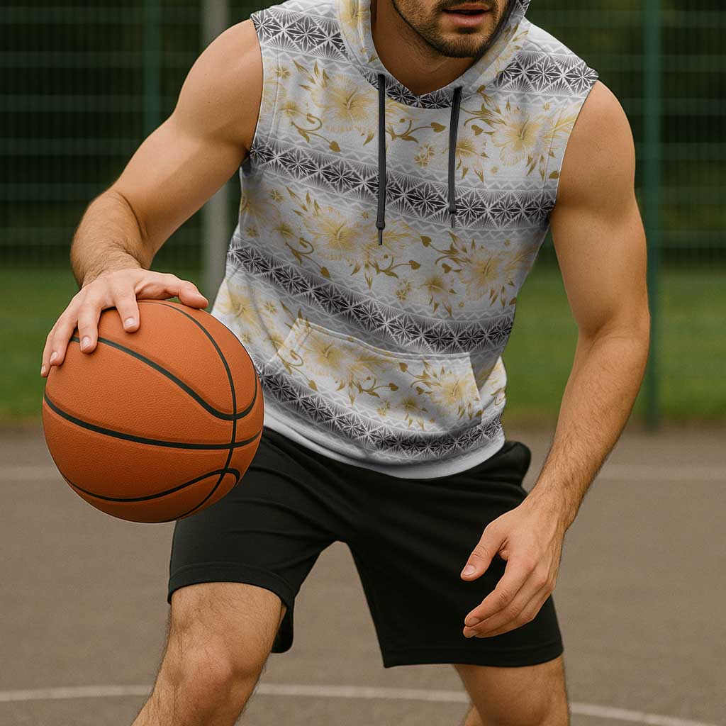 Samoa White Sunday Sleeveless Hoodie Samoan Tapa Yellow Hibiscus - Polynesian Pride