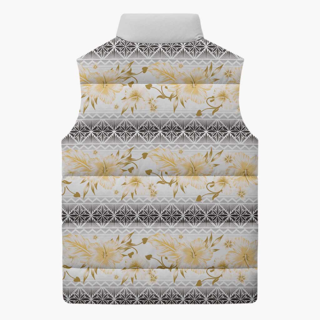 Samoa White Sunday Sleeveless Puffer Jacket Samoan Tapa Yellow Hibiscus LT05 - Polynesian Pride
