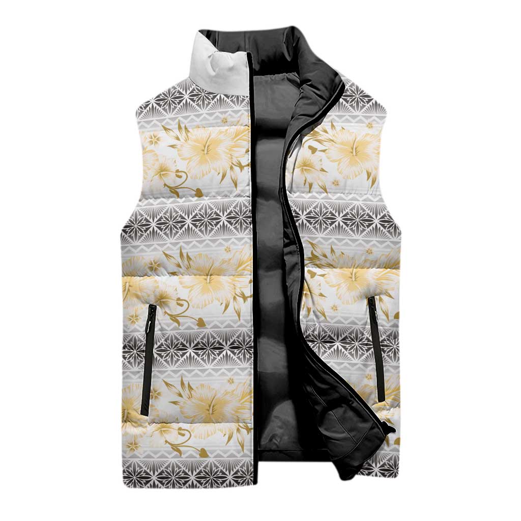 Samoa White Sunday Sleeveless Puffer Jacket Samoan Tapa Yellow Hibiscus LT05 - Polynesian Pride