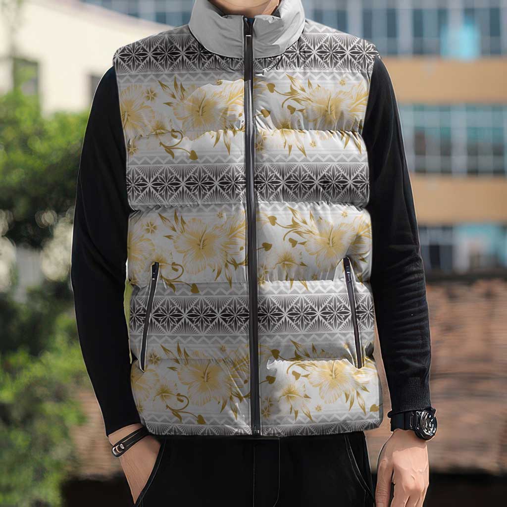 Samoa White Sunday Sleeveless Puffer Jacket Samoan Tapa Yellow Hibiscus LT05 - Polynesian Pride