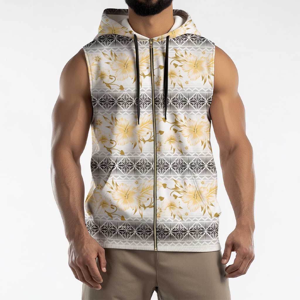 Samoa White Sunday Sleeveless Zip Hoodie Samoan Tapa Yellow Hibiscus - Polynesian Pride