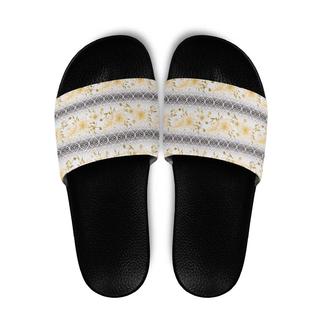 Samoa White Sunday Slide Sandals Samoan Tapa Yellow Hibiscus - Polynesian Pride