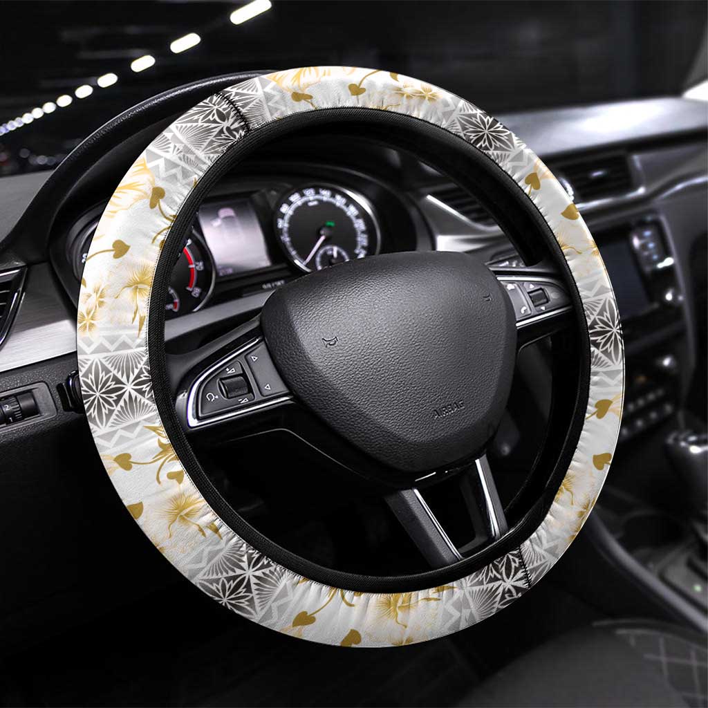 Samoa White Sunday Steering Wheel Cover Samoan Tapa Yellow Hibiscus LT05 Universal Fit Yellow - Polynesian Pride
